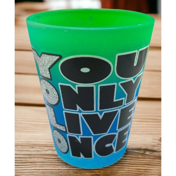 YOLO Shot Glass Flosted Blue and Green Souvenir You Only Live Once Glitter - Picture 1 of 7